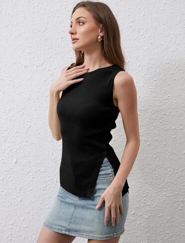 Women Asymmetrical Button Sweater Vest Sleeveless Side Split Rib Knit Slim Fit Sweater Tank Top Summer Pullover Top in Saudi Arabia