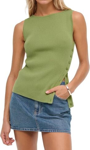 Women Asymmetrical Button Sweater Vest Sleeveless Side Split Rib Knit Slim Fit Sweater Tank Top Summer Pullover Top in Saudi Arabia