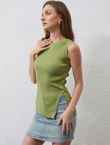 Women Asymmetrical Button Sweater Vest Sleeveless Side Split Rib Knit Slim Fit Sweater Tank Top Summer Pullover Top in Saudi Arabia