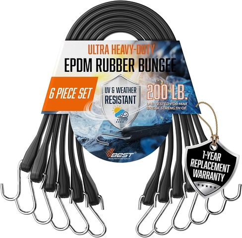 Rubber Bungee Cords with Hooks – Heavy Duty 15" Bungee Straps (6 Pack), 1.8X Max Stretch, Over 200 lbs Load – 100% EPDM Rubber & S-Hooks for Cargo, Tarps, Outdoor Use in Kuwait