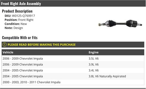 Front Right Passenger Side CV Axle Assembly - Compatible with 2000-2011 Chevy Impala in Saudi Arabia
