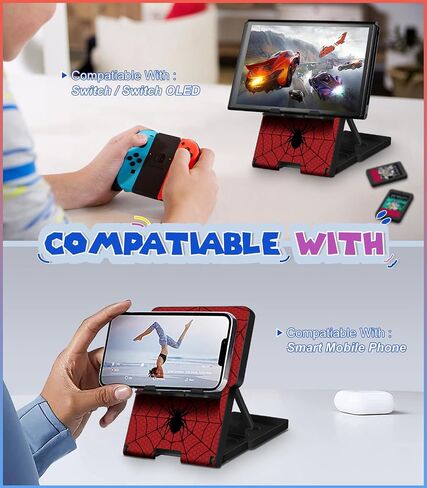 حامل Lotadilo Switch لجهاز Nintendo Switch/OLED - حامل لطيف للنساء والفتيات والأولاد والأطفال والمراهقين بتصميم كرتوني رائع حامل هاتف قابل للتعديل وقابل للحمل وقابل للطي، أسود وأحمر in Kuwait