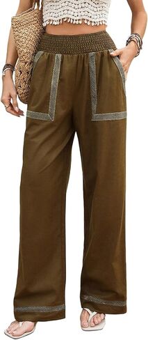 Women's Linen Palazzo Pants Lace Boho Wide Leg High Waist Loose Baggy Pant with Pockets in Kuwait