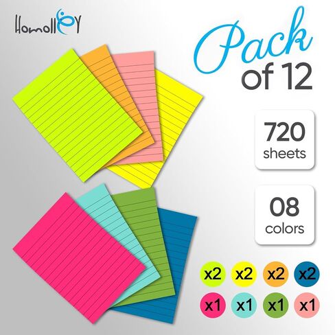 12 Pack Lined Sticky Notes 4x6 Inch – Large Ruled Self-Stick Note Pads (720 Sheets Total, 8 Bright Colors) with Strong Adhesive for Office, School & Home Use in Saudi Arabia