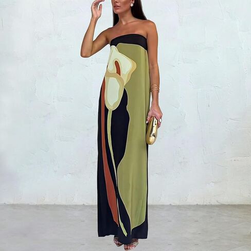 ACOSAP Women Y2k Strapless Maxi Dress Summer Backless Floral Long Tube Dress Off Shoulder Cocktail Party Dress in Kuwait