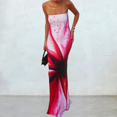 ACOSAP Women Y2k Strapless Maxi Dress Summer Backless Floral Long Tube Dress Off Shoulder Cocktail Party Dress in Kuwait