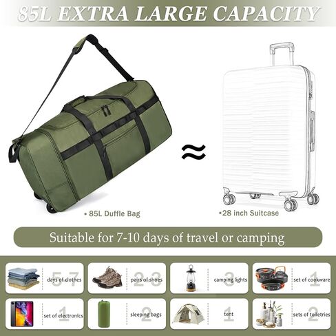 Rolling Duffle Bag with Wheels, 85L Expandable Rolling Duffel Bag for Travelling, Extra Large Foldable Carry on Travel Duffle Bag for Men in Kuwait