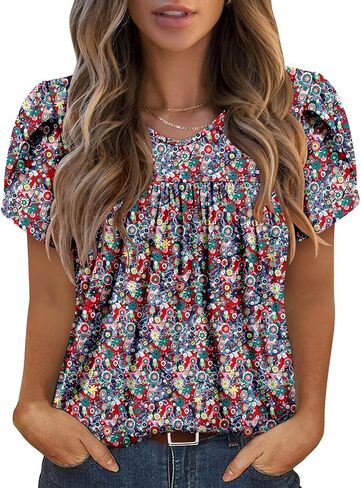 Angerella Womens Tops Dressy Casual Summer Short Sleeve T-Shirts Trendy Loose Blouse V Neck Tunic Tops to Wear with Leggings in Saudi Arabia