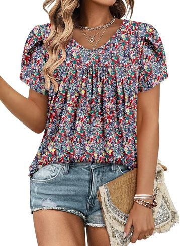 Angerella Womens Tops Dressy Casual Summer Short Sleeve T-Shirts Trendy Loose Blouse V Neck Tunic Tops to Wear with Leggings in Saudi Arabia