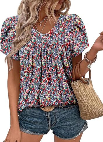Angerella Womens Tops Dressy Casual Summer Short Sleeve T-Shirts Trendy Loose Blouse V Neck Tunic Tops to Wear with Leggings in Saudi Arabia