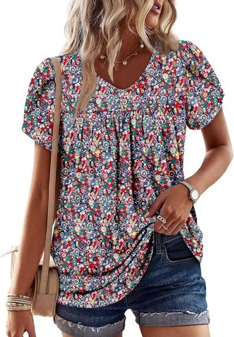 Angerella Womens Tops Dressy Casual Summer Short Sleeve T-Shirts Trendy Loose Blouse V Neck Tunic Tops to Wear with Leggings in Saudi Arabia