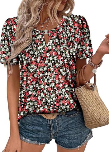 Angerella Womens Tops Dressy Casual Summer Short Sleeve T-Shirts Trendy Loose Blouse V Neck Tunic Tops to Wear with Leggings in Saudi Arabia