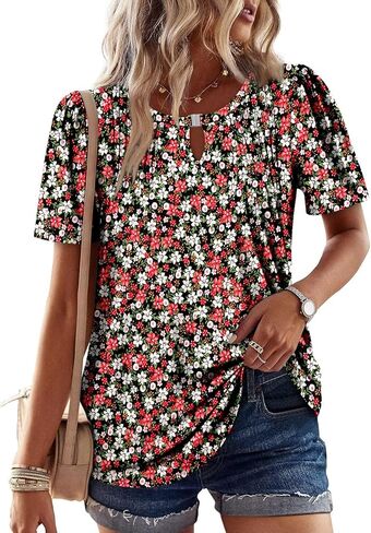 Angerella Womens Tops Dressy Casual Summer Short Sleeve T-Shirts Trendy Loose Blouse V Neck Tunic Tops to Wear with Leggings in Saudi Arabia