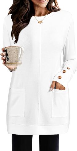 Lomon Long Sleeve Womens Tunic Tops لارتداء مع طماق فضفاضة طاقم القمصان T مع جيوب in Kuwait