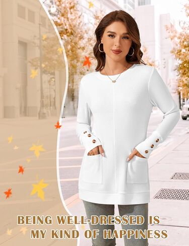 Lomon Long Sleeve Womens Tunic Tops لارتداء مع طماق فضفاضة طاقم القمصان T مع جيوب in Kuwait