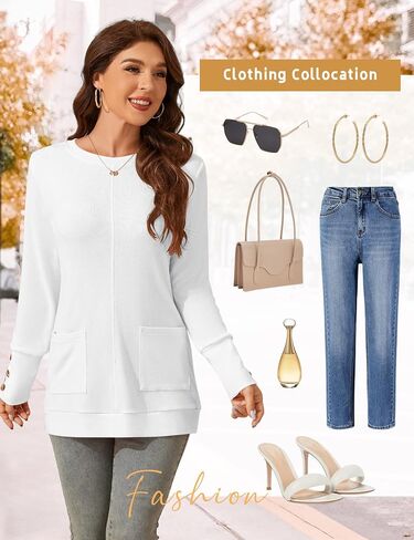Lomon Long Sleeve Womens Tunic Tops لارتداء مع طماق فضفاضة طاقم القمصان T مع جيوب in Kuwait