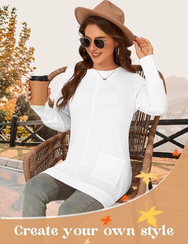 Lomon Long Sleeve Womens Tunic Tops لارتداء مع طماق فضفاضة طاقم القمصان T مع جيوب in Kuwait