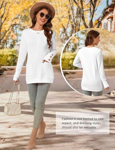 Lomon Long Sleeve Womens Tunic Tops لارتداء مع طماق فضفاضة طاقم القمصان T مع جيوب in Kuwait