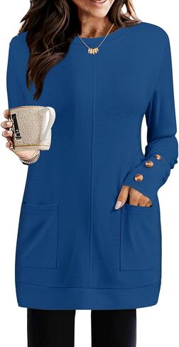 Lomon Long Sleeve Womens Tunic Tops لارتداء مع طماق فضفاضة طاقم القمصان T مع جيوب in Kuwait
