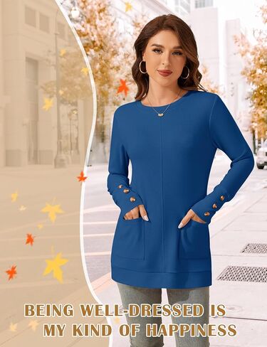 Lomon Long Sleeve Womens Tunic Tops لارتداء مع طماق فضفاضة طاقم القمصان T مع جيوب in Kuwait