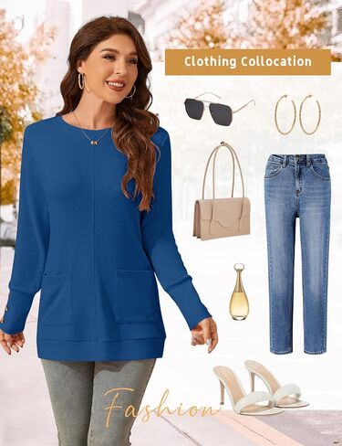 Lomon Long Sleeve Womens Tunic Tops لارتداء مع طماق فضفاضة طاقم القمصان T مع جيوب in Kuwait