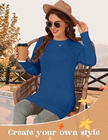 Lomon Long Sleeve Womens Tunic Tops لارتداء مع طماق فضفاضة طاقم القمصان T مع جيوب in Kuwait