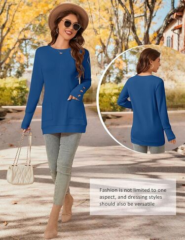 Lomon Long Sleeve Womens Tunic Tops لارتداء مع طماق فضفاضة طاقم القمصان T مع جيوب in Kuwait