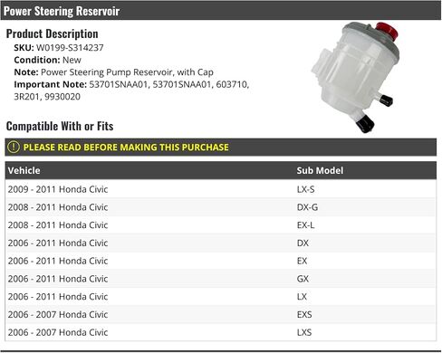 Power Steering Pump Reservoir with Cap - Compatible with 2006-2011 Honda Civic in Saudi Arabia