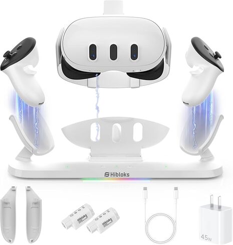HiBloks Charging Dock for Meta Quest 3, Magnetic Wireless Charging for Oculus Quest 3S Controller with 20W Adapter, 2 Rechargeable Batteries, 2 Battery Cover, 2 Silicone Grip Covers and Charger Cable in Saudi Arabia