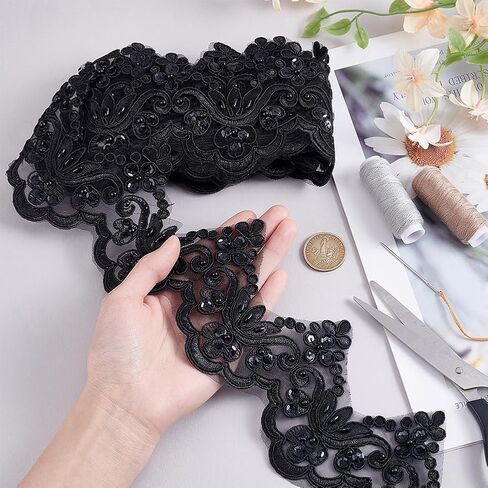 MAYJOYDIY 3 Yards 5inch White Bead Wave Embroidery Lace Trim Vintage Floral Scalloped Lace Ribbon Sparkle Venice Edge Ribbon for Bridal Dress Wedding Party Costume Hat Decoration in Kuwait