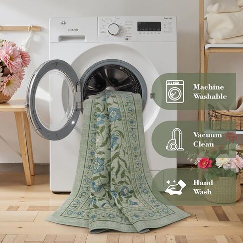 Collive Washable Entryway Rugs, Green 2 x 3 Spring Floral Rug Modern Soft Kitchen Carpet Non Slip, Vintage Bathroom Mats Stain Resistant Inside Front Door Mat for Entrance, Bedroom in Saudi Arabia
