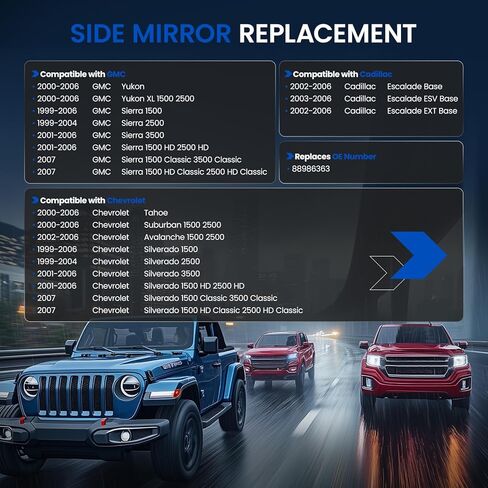 سائق الجانب الأيسر المرآة الزجاج 12477843 متوافق مع 1999-2007 Silverado Sierra 1500 2500 3500 Chevy Avalanche Suburban Tahoe Yukon Escalade السائق اليسرى مع مرآة الدعم in Saudi Arabia