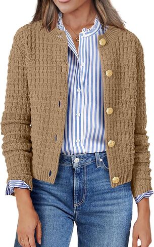 Zeagoo Women's 2024 Knit Cardigan Sweaters Long Sleeve Open Front Button Down Crew Neck Tweed Cropped Jackets in Saudi Arabia
