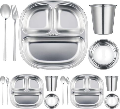 Tioncy 15 Piece Stainless Steel Kids Dinner Set Including 3 Bowls, 3 Balanced Bites Divided Plates, 3 Cups, 3 Spoons and 3 Forks, Stainless Steel Lunch Plates Dinnerware Set for Kids Toddlers(Rainbow) in Saudi Arabia