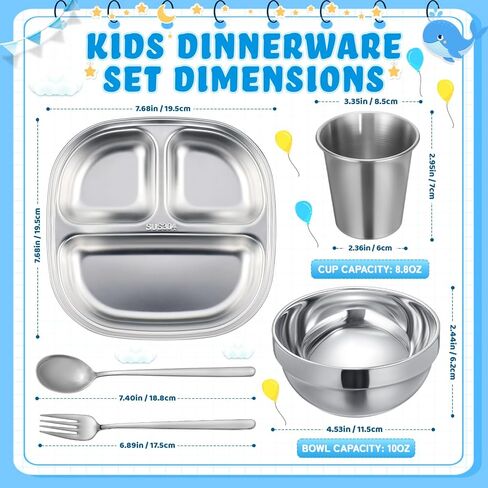 Tioncy 15 Piece Stainless Steel Kids Dinner Set Including 3 Bowls, 3 Balanced Bites Divided Plates, 3 Cups, 3 Spoons and 3 Forks, Stainless Steel Lunch Plates Dinnerware Set for Kids Toddlers(Rainbow) in Saudi Arabia
