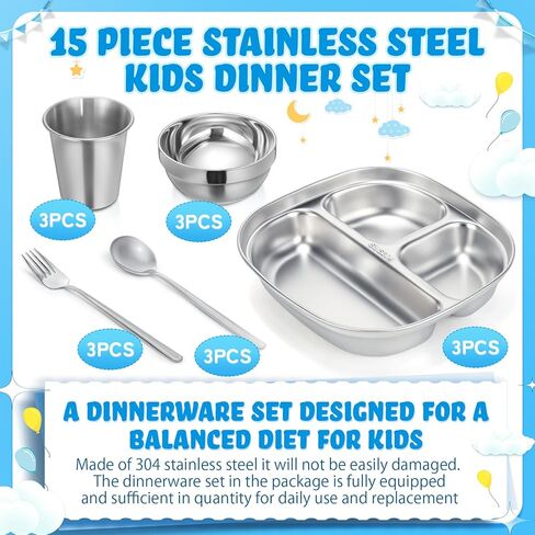 Tioncy 15 Piece Stainless Steel Kids Dinner Set Including 3 Bowls, 3 Balanced Bites Divided Plates, 3 Cups, 3 Spoons and 3 Forks, Stainless Steel Lunch Plates Dinnerware Set for Kids Toddlers(Rainbow) in Saudi Arabia