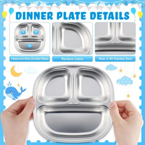 Tioncy 15 Piece Stainless Steel Kids Dinner Set Including 3 Bowls, 3 Balanced Bites Divided Plates, 3 Cups, 3 Spoons and 3 Forks, Stainless Steel Lunch Plates Dinnerware Set for Kids Toddlers(Rainbow) in Saudi Arabia