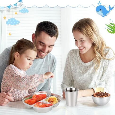 Tioncy 15 Piece Stainless Steel Kids Dinner Set Including 3 Bowls, 3 Balanced Bites Divided Plates, 3 Cups, 3 Spoons and 3 Forks, Stainless Steel Lunch Plates Dinnerware Set for Kids Toddlers(Rainbow) in Saudi Arabia