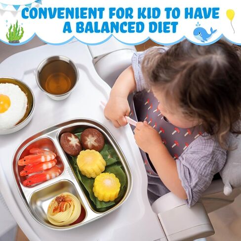 Tioncy 15 Piece Stainless Steel Kids Dinner Set Including 3 Bowls, 3 Balanced Bites Divided Plates, 3 Cups, 3 Spoons and 3 Forks, Stainless Steel Lunch Plates Dinnerware Set for Kids Toddlers(Rainbow) in Saudi Arabia