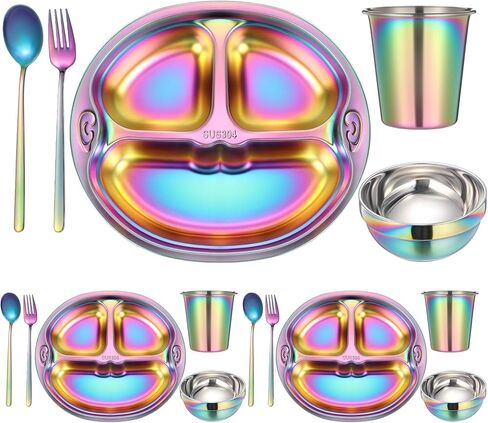 Tioncy 15 Piece Stainless Steel Kids Dinner Set Including 3 Bowls, 3 Balanced Bites Divided Plates, 3 Cups, 3 Spoons and 3 Forks, Stainless Steel Lunch Plates Dinnerware Set for Kids Toddlers(Rainbow) in Saudi Arabia