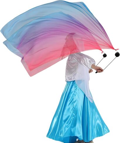 Munafie Elegant Silk Veil Scedf with Poi Ball Silk Poi Flags for Dance و Flow Arts & Worship-55.1x35.4in 9#Red-Purple-Blue in Kuwait