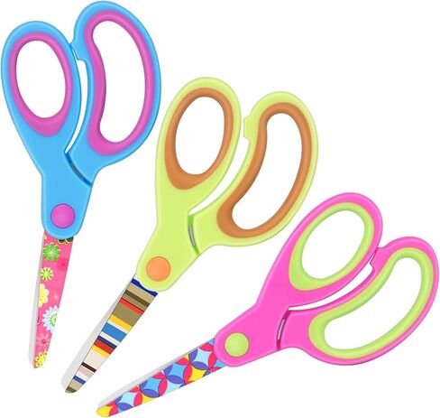 Kids Scissors. Patterned Kid's Scissors, Blunt Tip Safety Children's Craft Scissors, Soft Grip, for Home and School, for Children 3 Years or Older, Pink, Blue, Fruit Green 6 Pairs in Kuwait