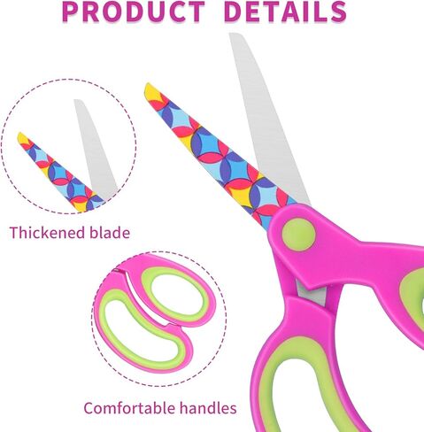Kids Scissors. Patterned Kid's Scissors, Blunt Tip Safety Children's Craft Scissors, Soft Grip, for Home and School, for Children 3 Years or Older, Pink, Blue, Fruit Green 6 Pairs in Kuwait