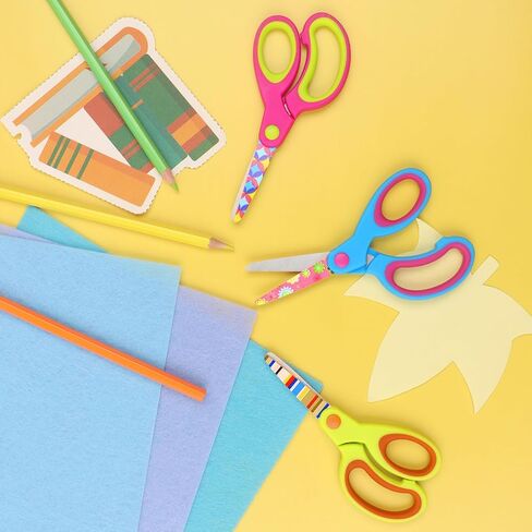 Kids Scissors. Patterned Kid's Scissors, Blunt Tip Safety Children's Craft Scissors, Soft Grip, for Home and School, for Children 3 Years or Older, Pink, Blue, Fruit Green 6 Pairs in Kuwait