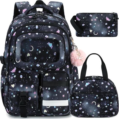 AO ALI VICTORY Backpack for Girls with Lunch Bag Pencil Case Kids School Bags for Kindergarten Elementary Middle Primary Schoolbag Cute 16 inch Laptop Bookbag Students 3 PCS Cute Bookbag, Black Set in Kuwait