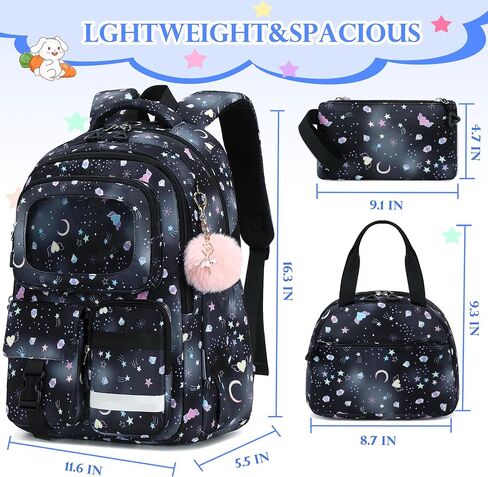 AO ALI VICTORY Backpack for Girls with Lunch Bag Pencil Case Kids School Bags for Kindergarten Elementary Middle Primary Schoolbag Cute 16 inch Laptop Bookbag Students 3 PCS Cute Bookbag, Black Set in Kuwait