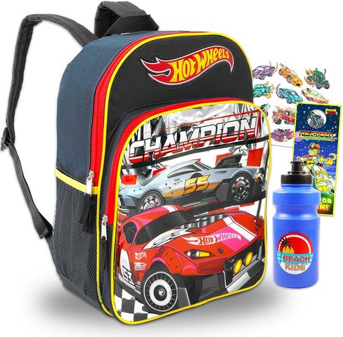 مجموعة حقيبة ظهر Hot Wheels - حزمة مع حقيبة ظهر Deluxe 16 "للسيارة بالإضافة إلى الوشم المؤقتة ، زجاجة ماء ، المزيد | حقيبة ظهر Hot Wheels للأولاد ، الأطفال in Saudi Arabia