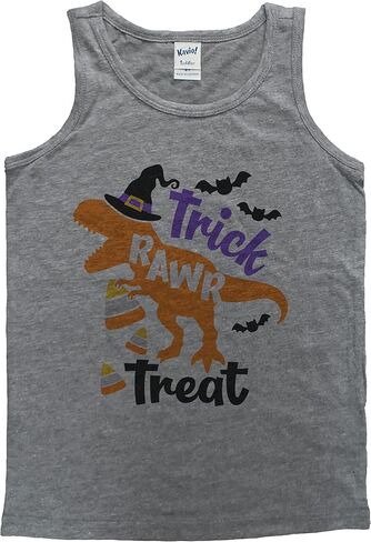 7 ate 9 Apparel Kids Dinosaur Happy Halloween Shirts - Trick Rawr Treat Candy Corn Grey Tank Top in Kuwait
