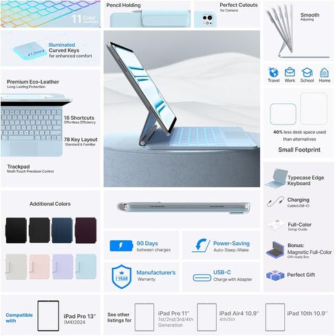 typecase Keyboard Case for 2024 M4 iPad Pro 13,11-Color Backlight,Keyboard Case with Pencil Holder,Bulit-in Trackpad,Easy Set,Black in Kuwait