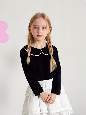 LYSMuch 18M-6T Toddler Baby Girl Long Sleeve Collar Shirt Peter Pan Blouse Lace Undershirt Top Solid Color Clothes in Kuwait